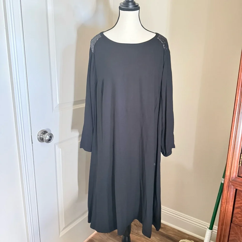 EILEEN FISHER 1X 100% silk ladies black long sleeve cocktail dress great cond - Picture 2 of 9
